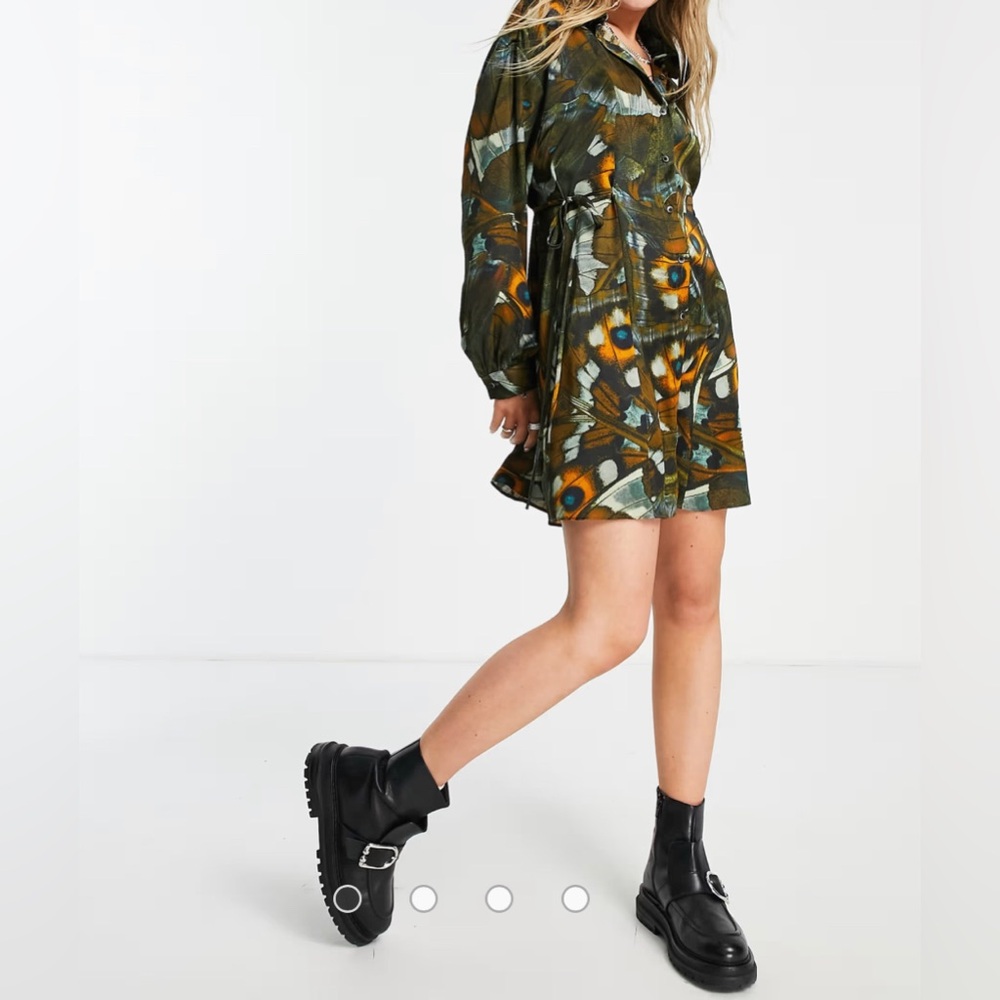 Topshop Nature Print Mini Shirt Dress Long Sleeves Satin Sz4 Multicolor